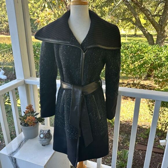 Cole Haan Merino Wool Bpucle  Tweed and Leather Wrap Coat - Picture 1 of 5